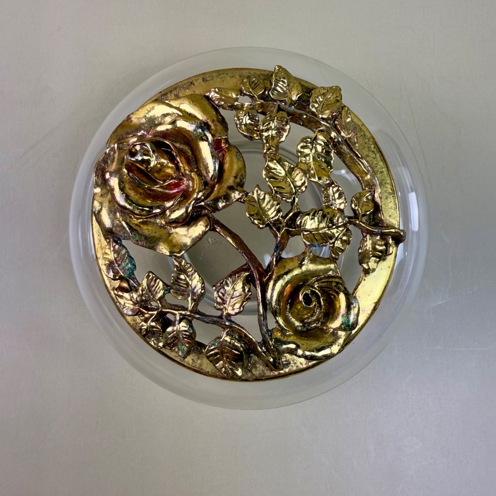 Vintage Glass Trinket Dish with Ornate Brass Rose Lid | Hollywood Regency Style - Picture 6 of 13
